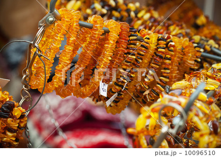 Amber beads and bracelets on the counter. Riga, Latvia 10096510