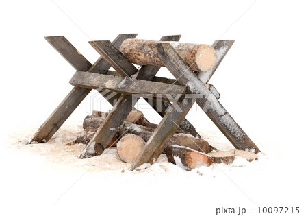 Rural object above white background, sawing log on wooden stand on white background 10097215