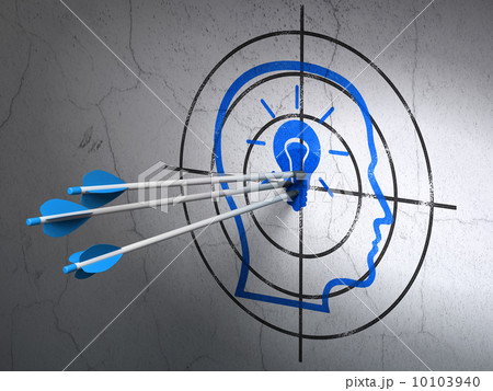 Business concept: arrows in Head With Lightbulb target on wall background 10103940