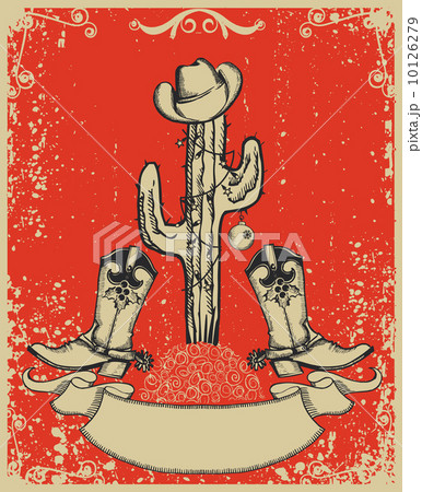 Grunge red christmas card with cowboy boots and cactus on old pa Grunge red christmas card with cowboy boots and cactus on old pa 10126279