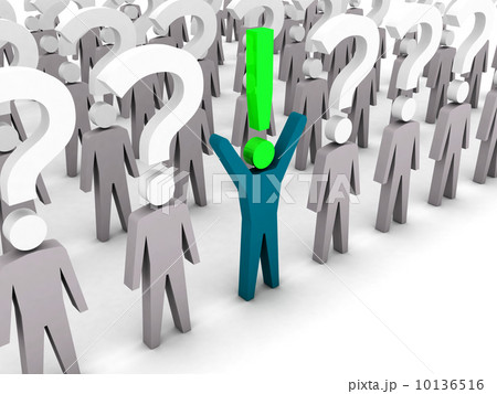 One man with exclamation mark and a lot of men with question marks. Concept 3D illustration. One man with exclamation mark and a lot of men with question marks. Concept 3D illustration. 10136516