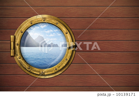ship window with sea or ocean with tropical island. Travel and a 10139171