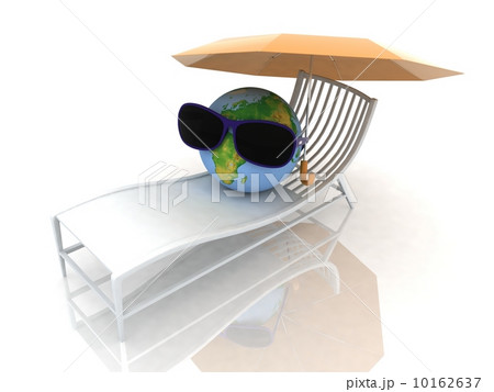 A globe is in dark glasses under an umbrella on a deck-chair A globe is in dark glasses under an umbrella on a deck-chair 10162637
