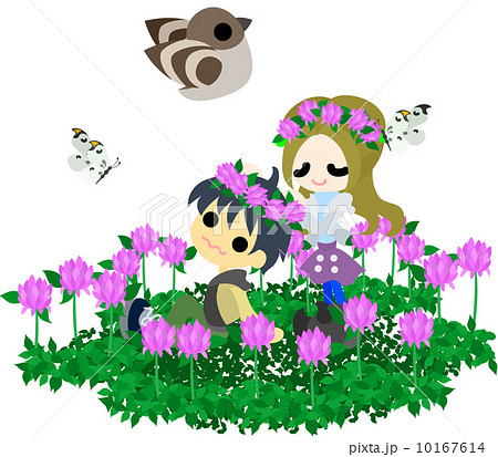 アカツメクサの花畑で花冠を作るカップルのイラスト素材