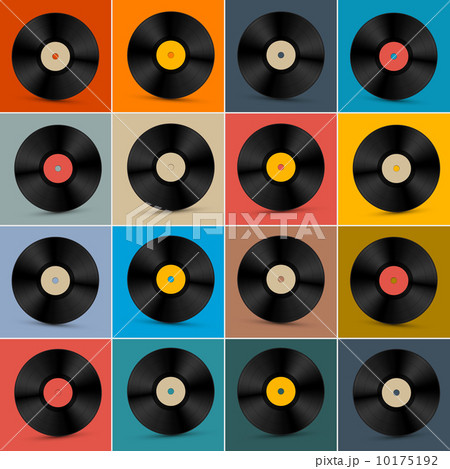 Retro, Vintage Vector Vinyl Record Disc Set on Colorful Background Retro, Vintage Vector Vinyl Record Disc Set on Colorful Background 10175192
