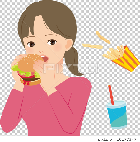 ハンバーガーを頬張る若い女性のイラスト素材