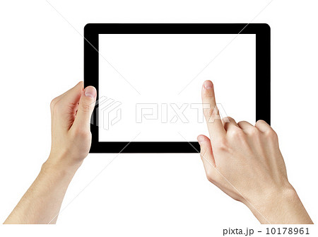 adult man hands using generic tablet pc with white screen 10178961