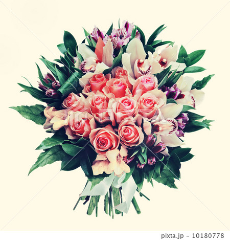 Bouquet of roses, lilies and orchids with retro filter effect. Bouquet of roses, lilies and orchids with retro filter effect. 10180778