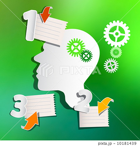 Abstract Infographic Layout with Paper Head, Cogs, Paper Sheets and Arrows on Green Background 10181439