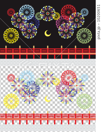 打ち上げ花火と橋と月イラストカットデザインイメージ素材（黒背景白背景セット） 10200651