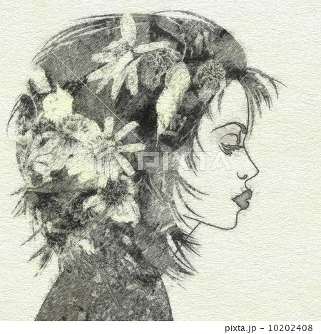 art sketched beautiful girl face in profile with floral hair on 10202408