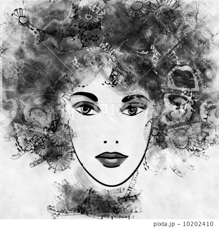 art sketched beautiful girl face with curly hairs on white backg 10202410