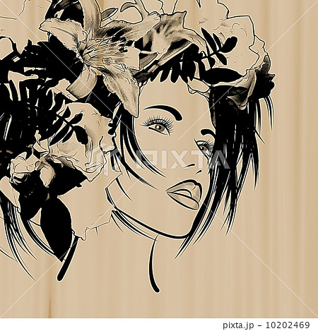 art sketched beautiful girl face with flowers in hair on sepia b 10202469