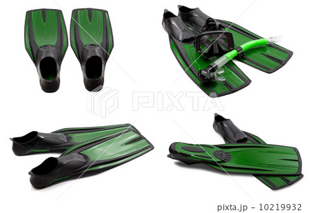 Set of green swim fins, mask, snorkel for diving with water drop 10219932