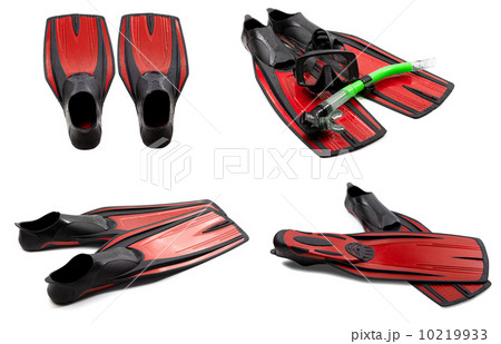 Set of red swim fins, mask, snorkel for diving with water drops 10219933