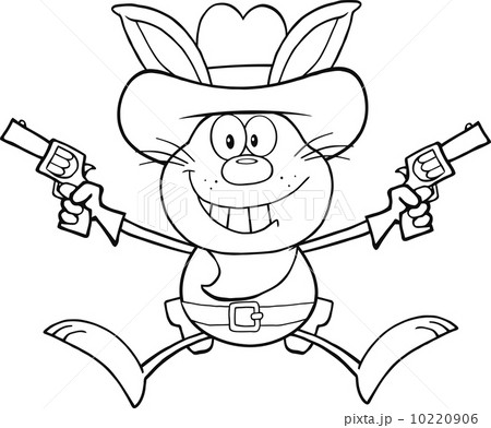 Black And White Cowboy Rabbit Cartoon Character Holding Up Two Revolvers Black And White Cowboy Rabbit Cartoon Character Holding Up Two Revolvers 10220906