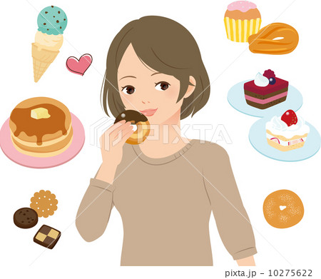 ドーナツを食べる女性と洋菓子のイラスト素材