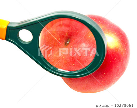 Worm-eaten apple under magnifying glass. 10278061