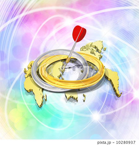 世界地図の上にあるゴールドとシルバーのリング 10280937