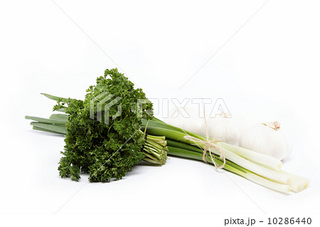 Fresh green onions, garlic and parsley isolated on white. 10286440