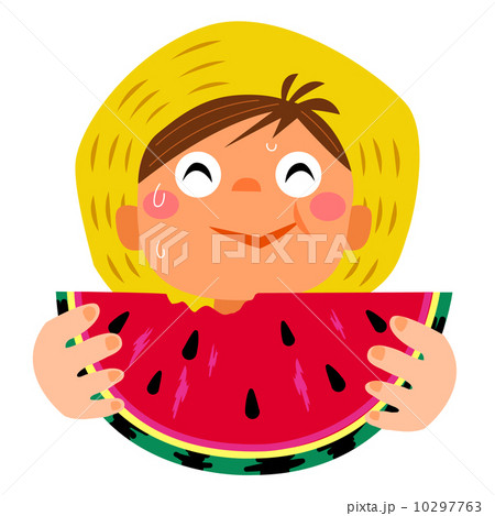 西瓜を食べる男の子のイラスト素材
