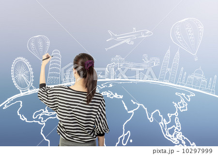 asian woman drawing or writing dream travel around the world 10297999