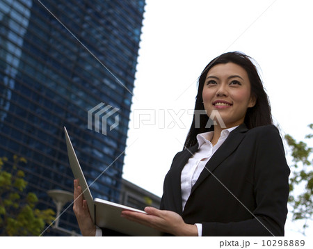 Asian business woman working outdoors with a laptop computer Asian business woman working outdoors with a laptop computer 10298889