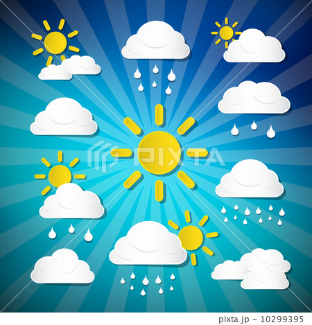 Vector Weather Icons - Clouds, Sun, Rain on Retro Blue Background Vector Weather Icons - Clouds, Sun, Rain on Retro Blue Background 10299395