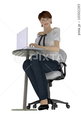 ノートパソコンを使う女性　ジーンズバージョン　3D　CG　 10302265