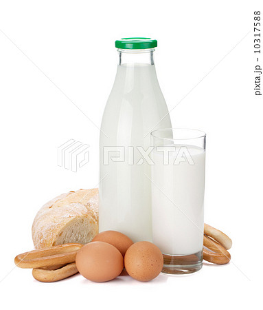 Milk bottle, glass, bread and eggs Milk bottle, glass, bread and eggs 10317588