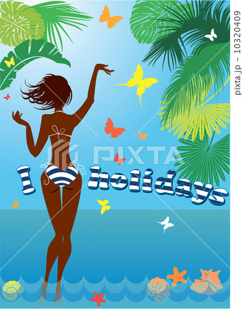 Woman silhouette in bikini swimwear at tropical beach with palm 10320409