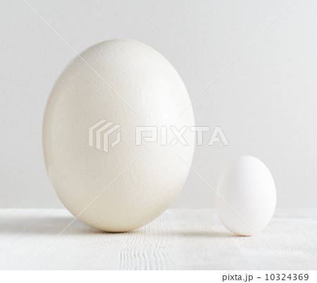 Ostrich egg and chicken egg on white table 10324369