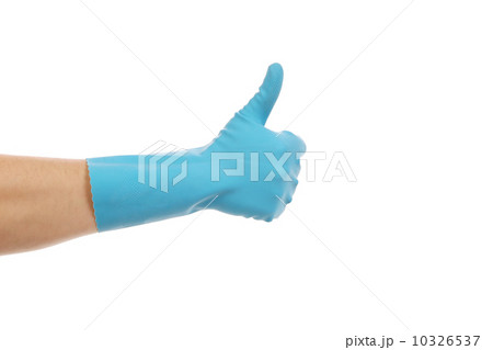 Blue glove for cleaning show thumbs up. Blue glove for cleaning show thumbs up. 10326537