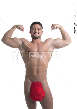 Smiling young naked man posing biceps straining Smiling young naked man posing biceps straining 10328297