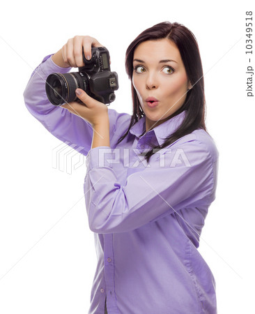 Attractive Mixed Race Young woman With DSLR Camera on White 10349518