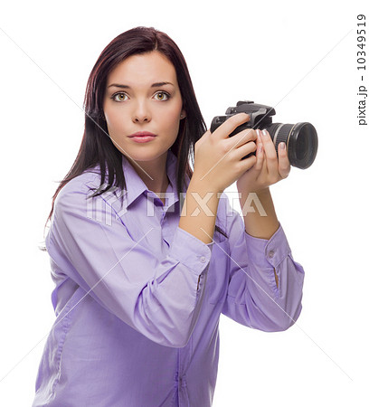 Attractive Mixed Race Young woman With DSLR Camera on White 10349519