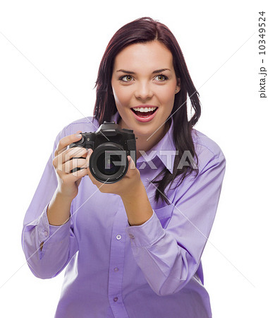 Attractive Mixed Race Young woman With DSLR Camera on White Attractive Mixed Race Young woman With DSLR Camera on White 10349524