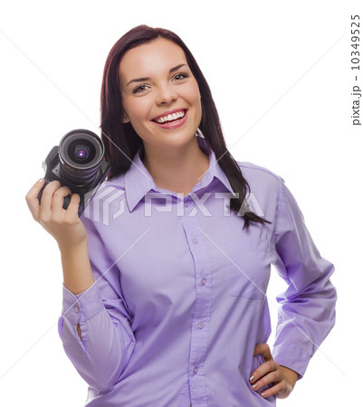 Attractive Mixed Race Young woman With DSLR Camera on White 10349525
