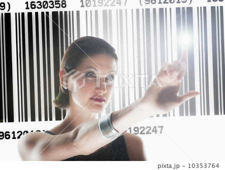 Young woman standing by barcode 10353764