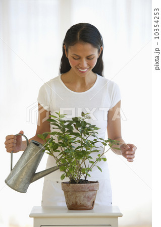 USA, New Jersey, Jersey City, Woman watering plant in home USA, New Jersey, Jersey City, Woman watering plant in home 10354253