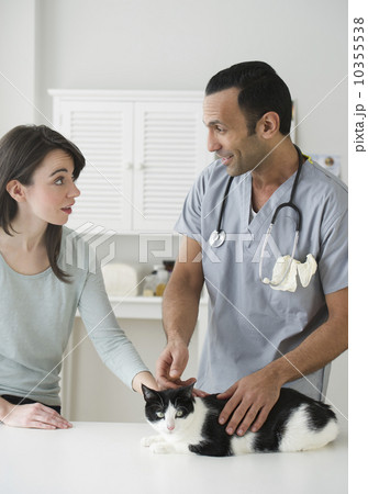Woman and vet stroking cat in pet clinic 10355538