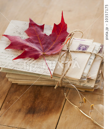 Autumn leaf on letters, studio shot 10357175