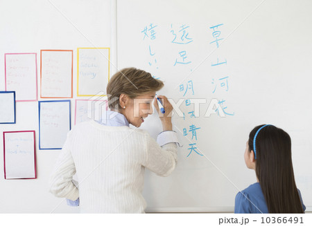 Teacher and schoolgirl (8-9) writing at whiteboard 10366491
