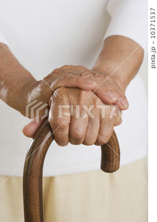 Close up of senior's hands on cane 10371537