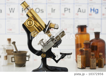 Old fashioned microscope in front of periodic table 10372956