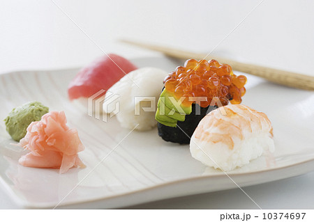 Close up of assorted sushi on plate  10374697