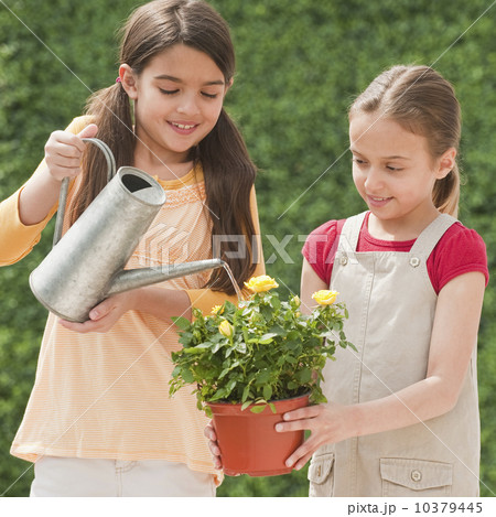 Two young girls watering a flower 10379445