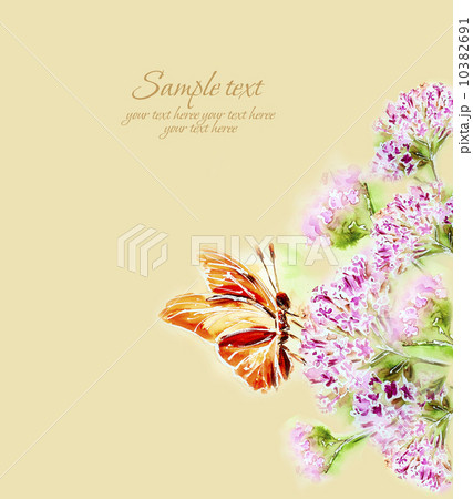 Painted watercolor card with summer flowers and butterfly 10382691