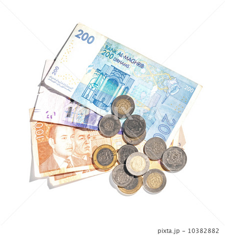 Different banknotes and coins. Moroccan money isolated on white 10382882