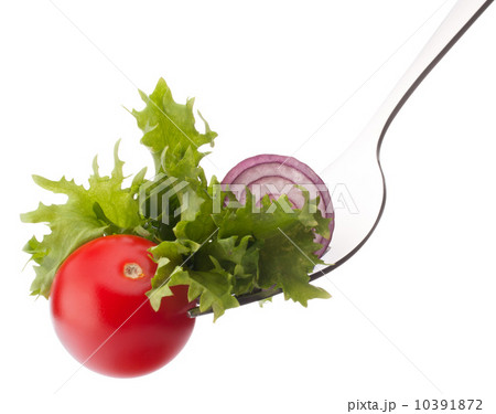 Fresh salad and cherry tomato on fork isolated on white backgrou 10391872